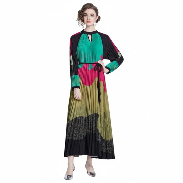 Pleated Tassel Belt Dress Women Bell Sleeve